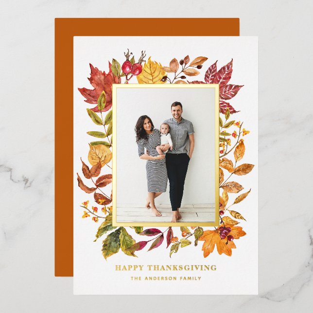 Watercolor Autumn Leaves Frame Happy Thanksgiving  Foil Holiday Card (Front/Back)