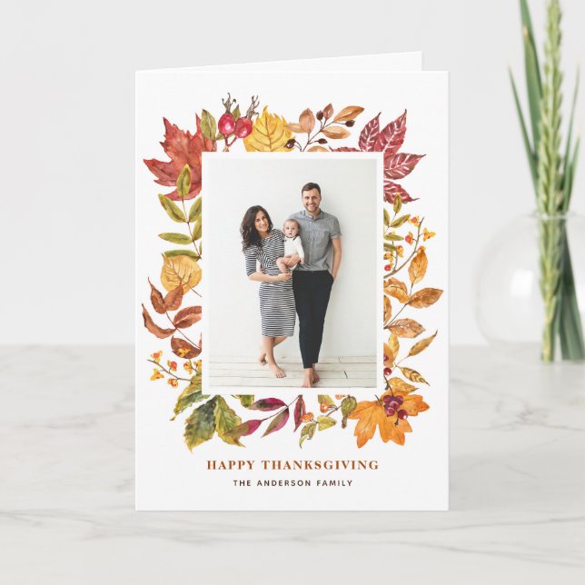 Watercolor Autumn Leaves Frame Happy Thanksgiving  Holiday Card (Front)