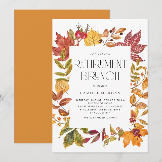 Watercolor Autumn Leaves Frame Retirement Brunch Invitation (Front/Back)