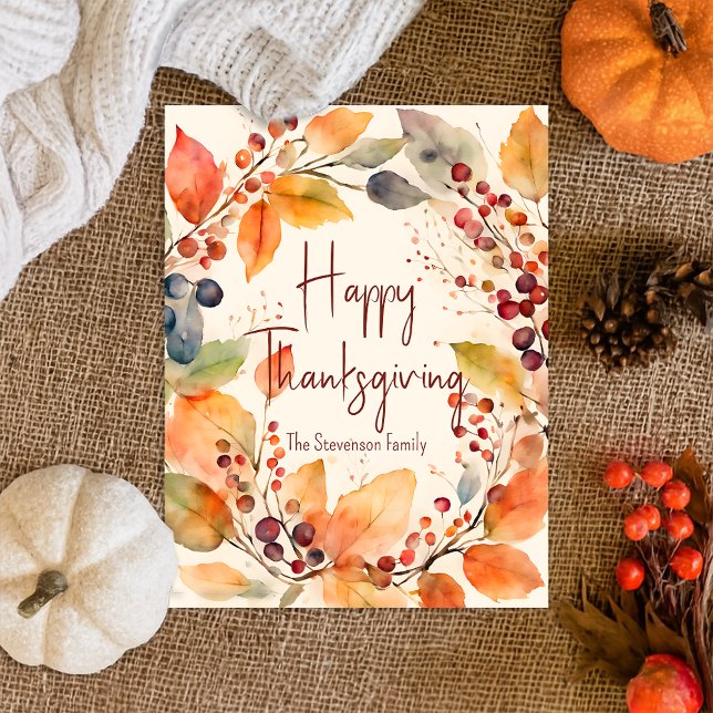 Watercolor Autumn Leaves Happy Thanksgiving Wreath Postcard (Creator Uploaded)