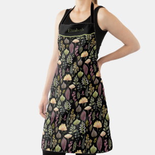 Watercolor Autumn Leaves on Black Botanical Apron