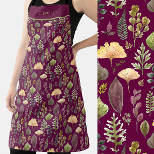 Watercolor Autumn Leaves on Burgundy Botanical Apron