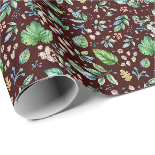 Watercolor Autumn Leaves on Burgundy Wrapping Paper