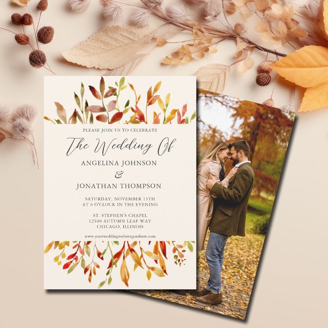 Watercolor Autumn Leaves Photo Back Fall Wedding Invitation (Creator Uploaded)
