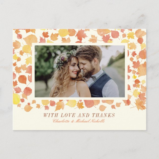 Watercolor Autumn Leaves Photo Thank You Postcard (Front)