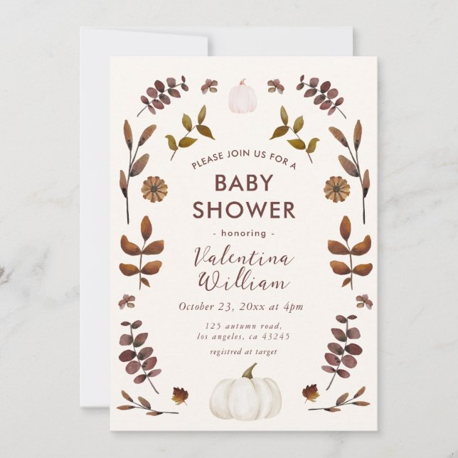 Watercolor Autumn Leaves Pumpkin Baby Shower Invitation (Front)