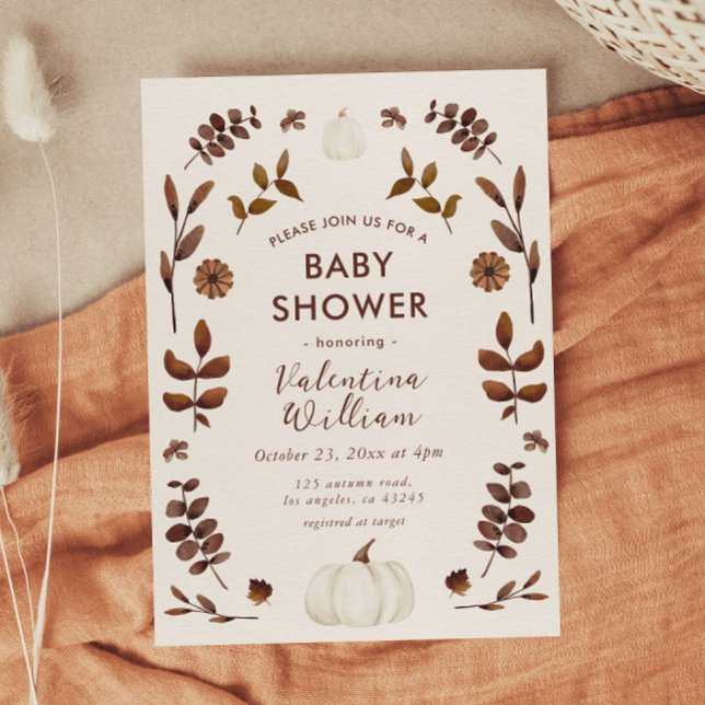 Watercolor Autumn Leaves Pumpkin Baby Shower Invitation (Creator Uploaded)