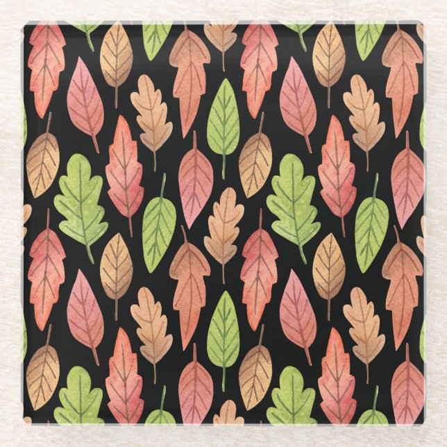 Watercolor autumn leaves: seamless pattern glass coaster (Front)