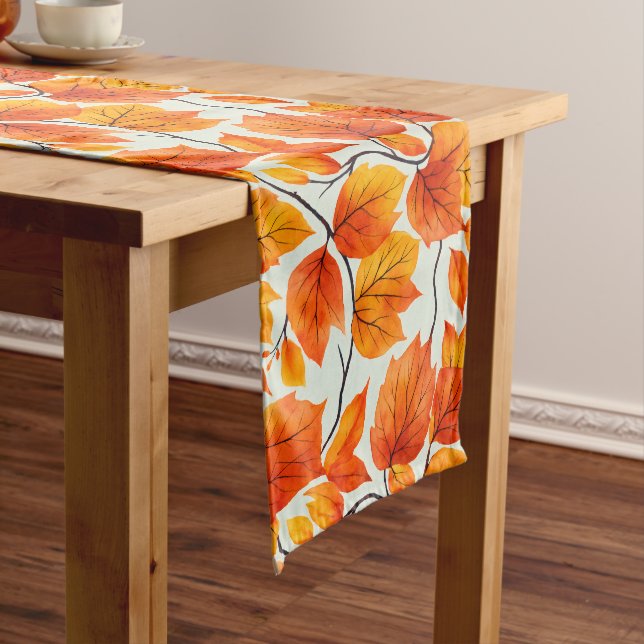 Watercolor Autumn Leaves – Vibrant Fall Foliage Long Table Runner (In Situ)