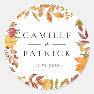 Watercolor Autumn Leaves Wreath Wedding Classic Round Sticker