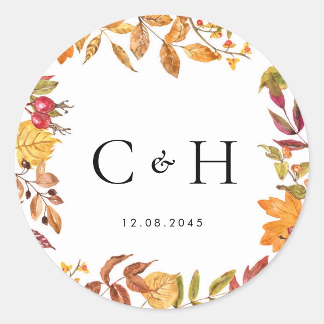 Watercolor Autumn Leaves Wreath Wedding Monogram Classic Round Sticker (Front)