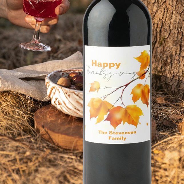 Watercolor Autumn Maple Leaf Thanksgiving Wine Label (Creator Uploaded)