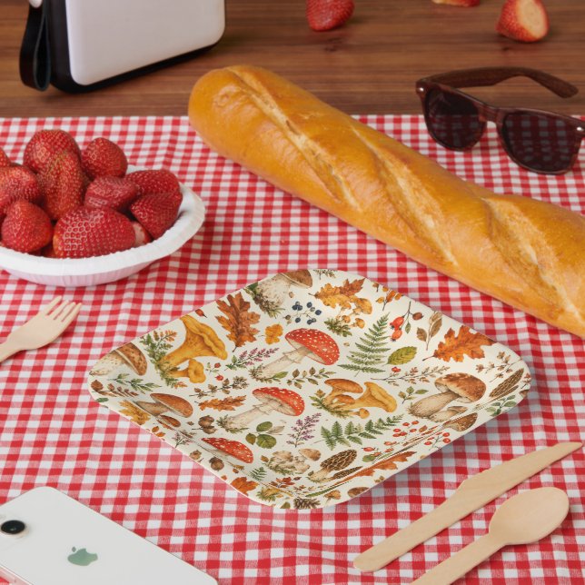 Watercolor Autumn Mushroom Pattern  Paper Plate (Picnic)