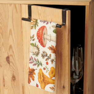 Watercolor Autumn Mushroom Pattern Tea Towel