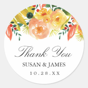 Watercolor Autumn Peach Floral Wedding Favour Classic Round Sticker