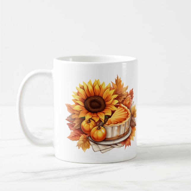 Watercolor Autumn Pie and Sunflower Coffee Mug (Left)