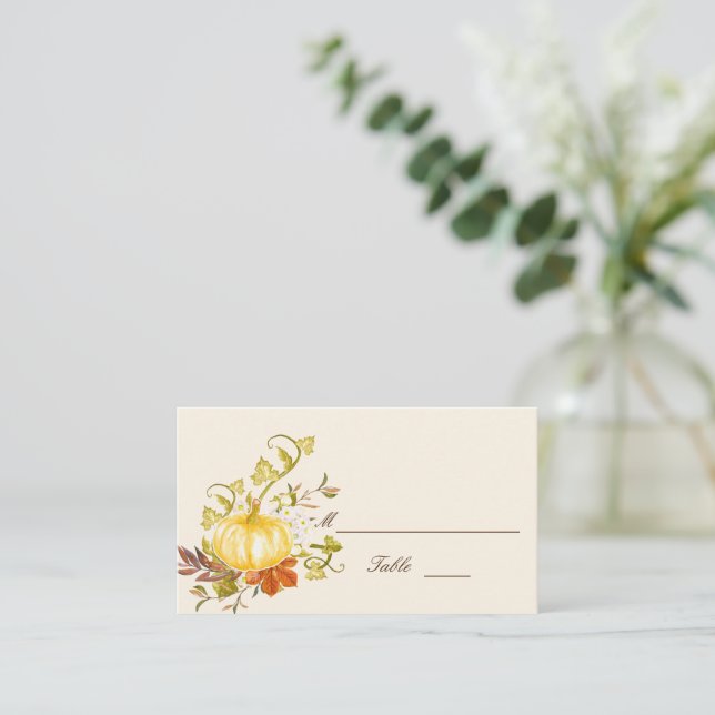 Watercolor Autumn Pumpkin and Leaves Wedding Flat Place Card (Standing Front)