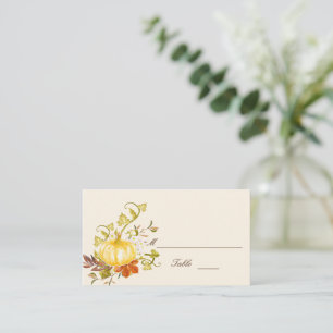 Watercolor Autumn Pumpkin and Leaves Wedding Flat Place Card