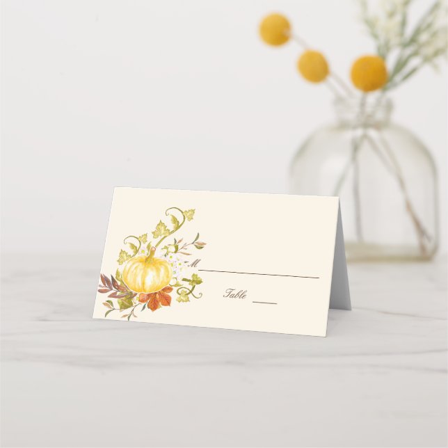 Watercolor Autumn Pumpkin and Leaves Wedding Place Card (Front)