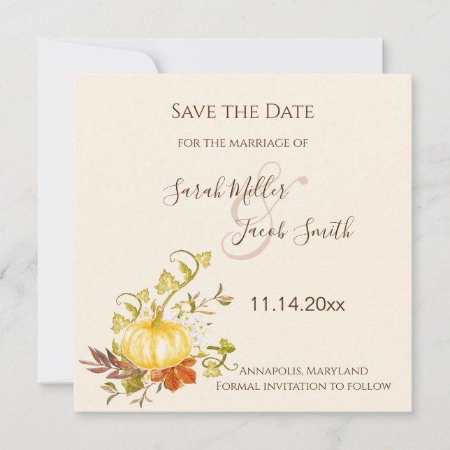 Watercolor Autumn Pumpkin and Leaves Wedding Save The Date (Front)