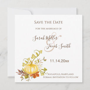 Watercolor Autumn Pumpkin and Leaves Wedding Save The Date