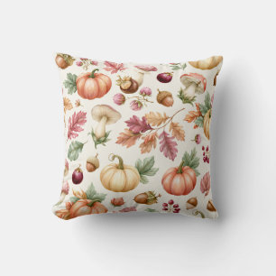 Watercolor Autumn Pumpkin and Mushroom Pattern Cushion