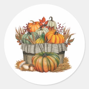 Watercolor Autumn Pumpkin and Wheat Harvest  Classic Round Sticker