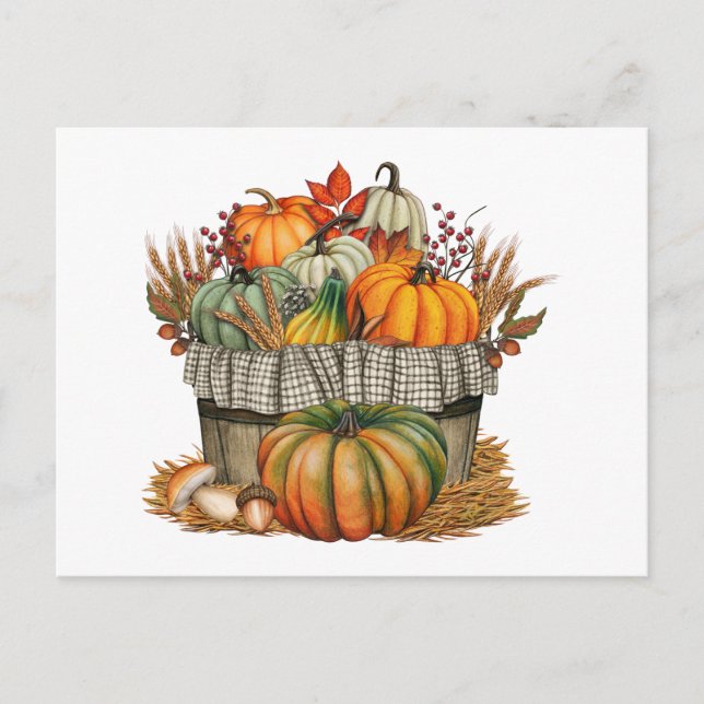 Watercolor Autumn Pumpkin and Wheat Harvest  Holiday Postcard (Front)