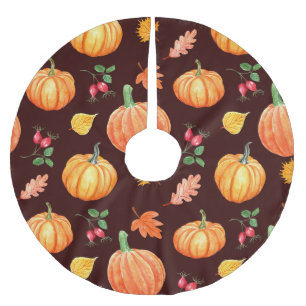 Watercolor Autumn Pumpkin Floral Pattern Brushed Polyester Tree Skirt
