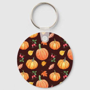 Watercolor Autumn Pumpkin Floral Pattern Key Ring