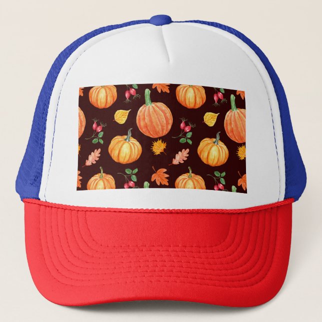 Watercolor Autumn Pumpkin Floral Pattern Trucker Hat (Front)