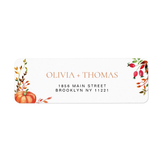 Watercolor autumn pumpkin floral wedding label (Front)