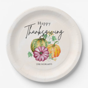 Watercolor Autumn Pumpkin Happy Thanksgiving Paper Plate