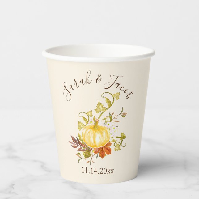 Watercolor Autumn Pumpkin & Leaves Wedding Paper Cups (Front)