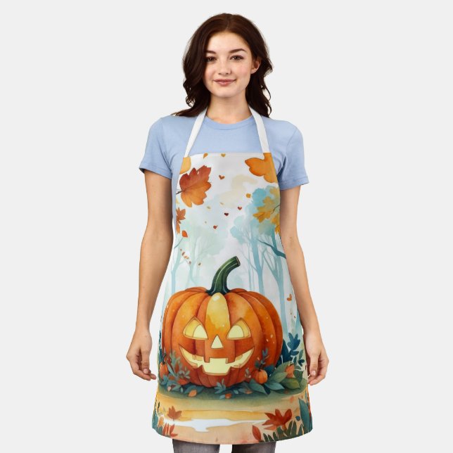 Watercolor Autumn Pumpkins Fall Leaves Forest  Apron (Worn)
