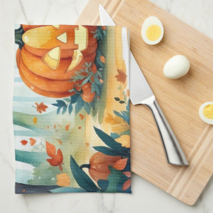 Watercolor Autumn Pumpkins Fall Leaves Forest  Tea Towel