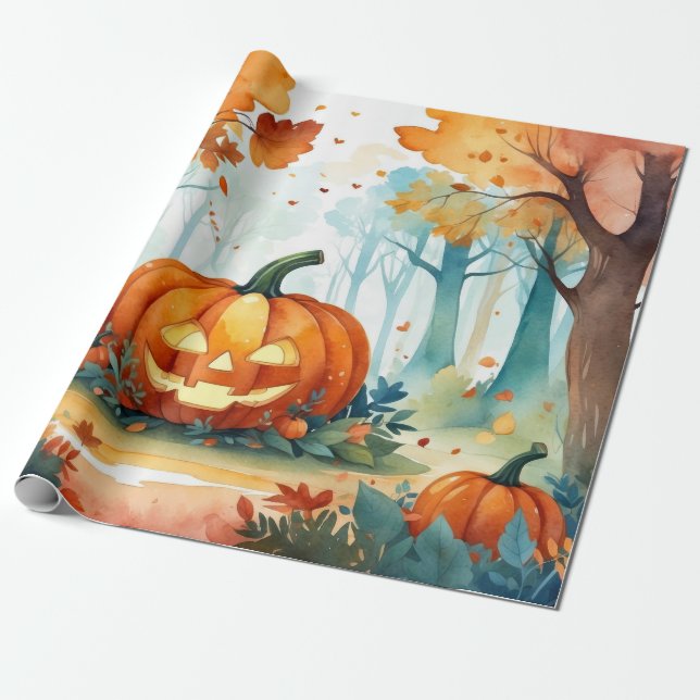 Watercolor Autumn Pumpkins Forest Fall Leaves Wrapping Paper (Unrolled)