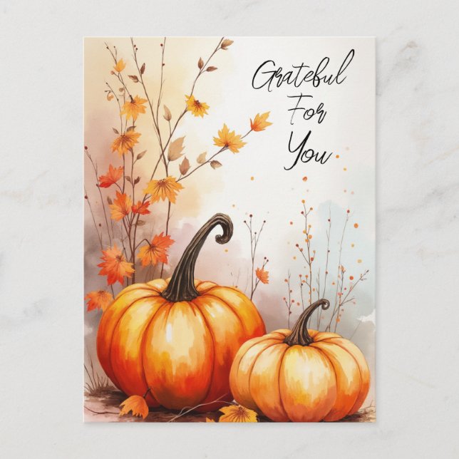 Watercolor Autumn Pumpkins Grateful Postcard (Front)