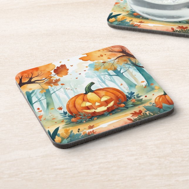 Watercolor Autumn Pumpkins Harvest Forest  Coaster (Left Side)