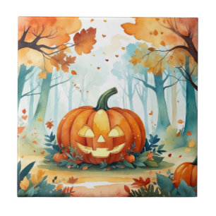 Watercolor Autumn Pumpkins Harvest Forest  Tile