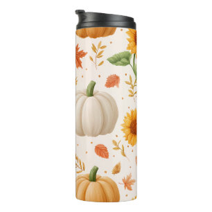Watercolor Autumn Pumpkins & Sunflowers Pattern Thermal Tumbler