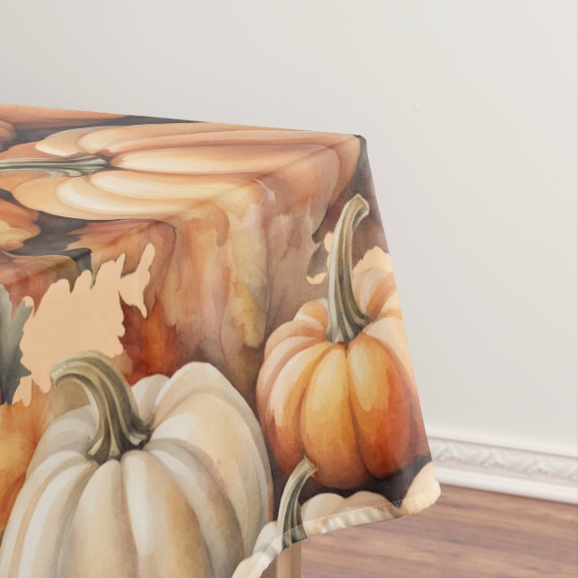 Watercolor Autumn Pumpkins with Leaves Tablecloth (In Situ)