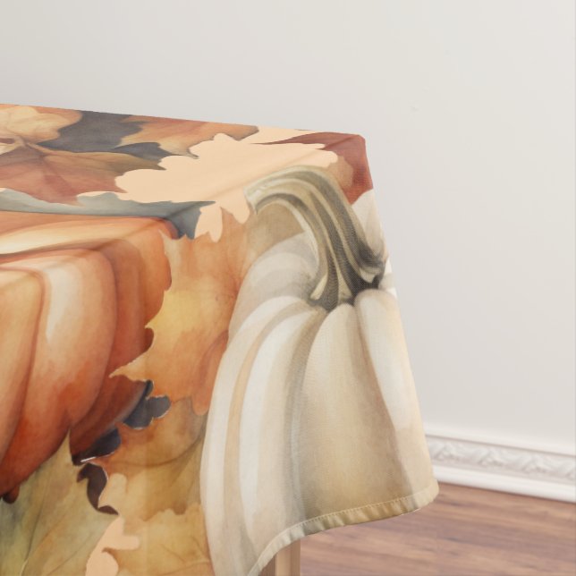 Watercolor Autumn Pumpkins with Leaves Tablecloth (In Situ)