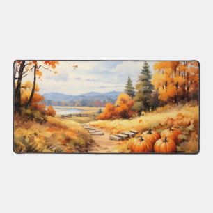 Watercolor Autumn Road Pumpkin Falling Leaves Desk Mat