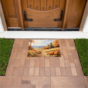 Watercolor Autumn Road Pumpkin Falling Leaves Doormat