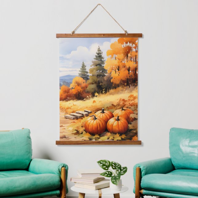 Watercolor Autumn Road Pumpkin Falling Leaves Hanging Tapestry (Living Room)