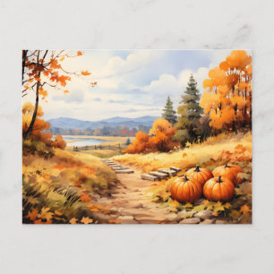 Watercolor Autumn Road Pumpkin Falling Leaves Holiday Postcard