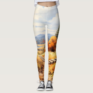Watercolor Autumn Road Pumpkin Falling Leaves Leggings