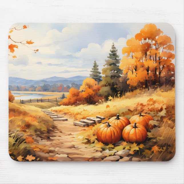 Watercolor Autumn Road Pumpkin Falling Leaves Mouse Mat (Front)