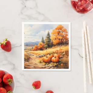 Watercolor Autumn Road Pumpkin Falling Leaves Napkin